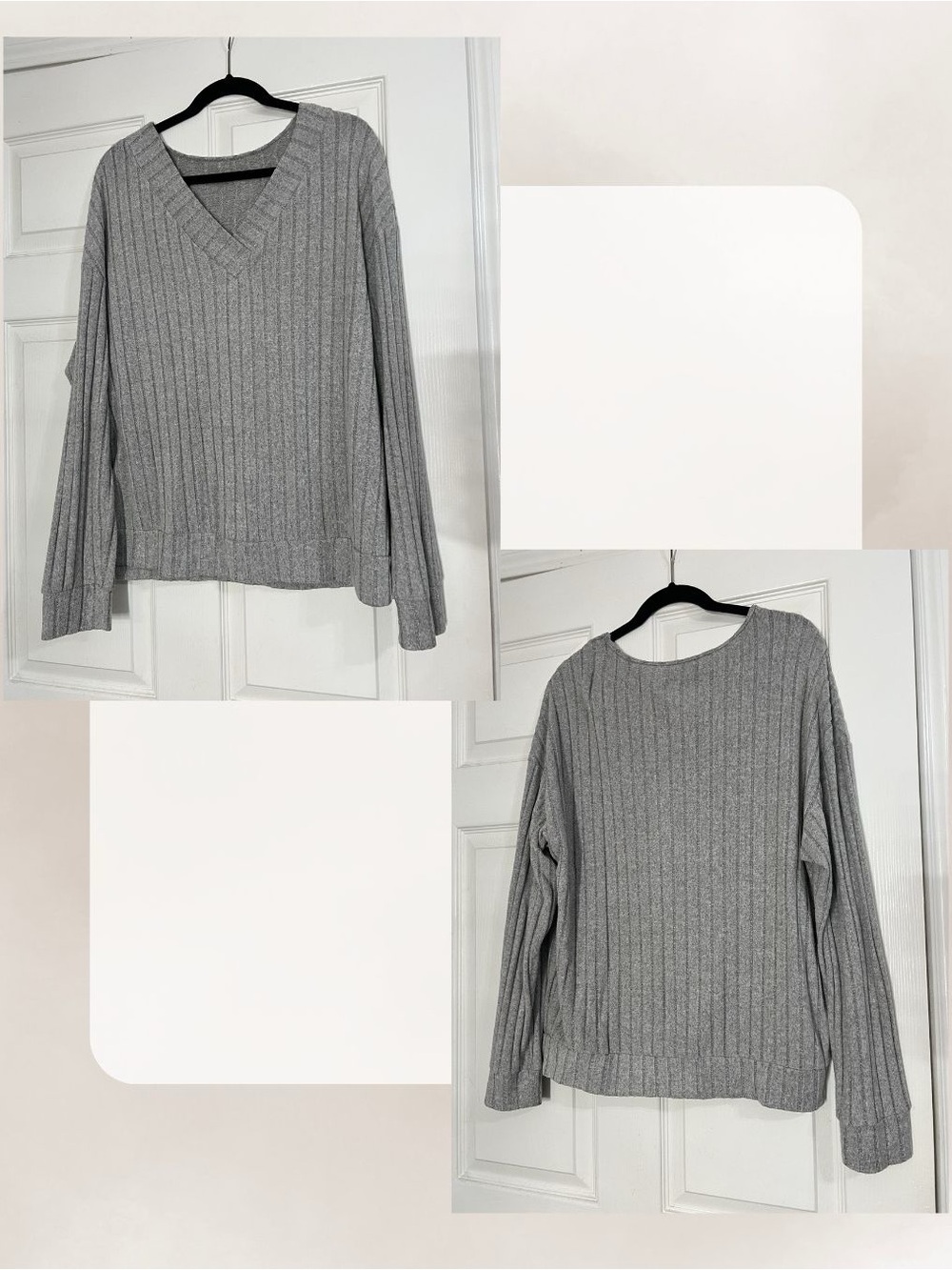 Women's Ribbed V-Neck Grey Sweater